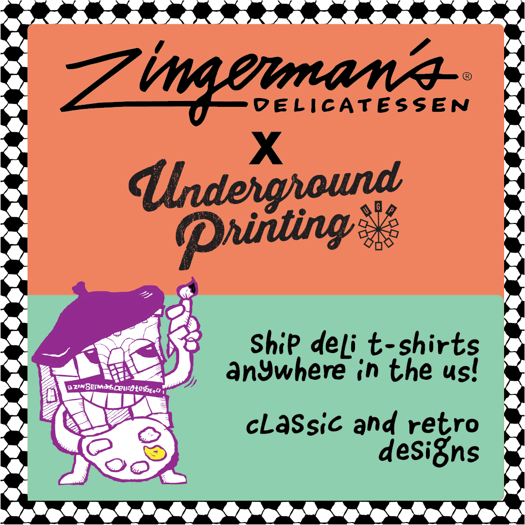 A graphic with an orange and green background and a Deli tile border, with text that reads "Zingermans Delicatessen x Underground Printing. Ship Deli T-shirts Anywhere in the US! Classic and Retro Designs." Next to the text is a purple cartoon of the Deli building with a beret and a painter's palette.