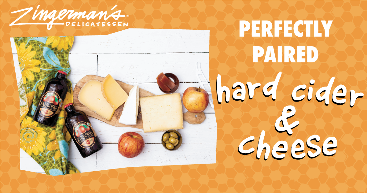a graphic image that reads Perfectly Paired Cider and Cheese and has a stylized photo of cider and cheese